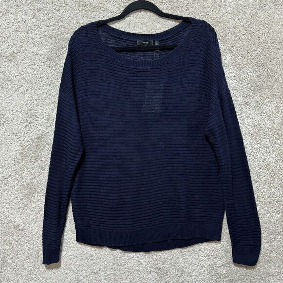 Theory Sweater NWT Women's‎ Navy Ribbed Oversize Cotton Knit Crewneck Pullover - Picture 3 of 13